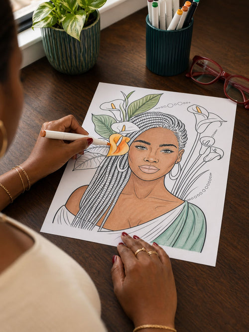 Person coloring a sheet of paper with a design of a woman with braids and flowers.