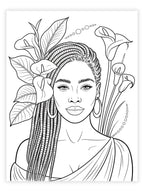 Black and white illustration of a woman with braided hair and flowers in her hair.