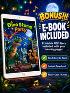 Promotional graphic for a printable children's storybook/e-book titled 'Dino Stomp Party,' shown on a tablet screen with marketing text including 'BONUS!!! E-BOOK INCLUDED,' 'Printable PDF Story included with your coloring pages!', and feature badges like 'Fun & Easy to Read,' 'Instant Download,' and 'Read = Color = Create.'.