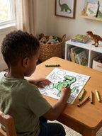 A young boy sits at a wooden table coloring a dinosaur on a sheet of paper with green crayons in a bright, child-friendly room.