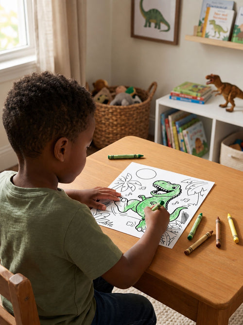A young boy sits at a wooden table coloring a dinosaur on a sheet of paper with green crayons in a bright, child-friendly room.