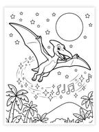 Black and white coloring page featuring a cartoon pterodactyl flying under a full moon, with stars, musical notes, and palm trees.