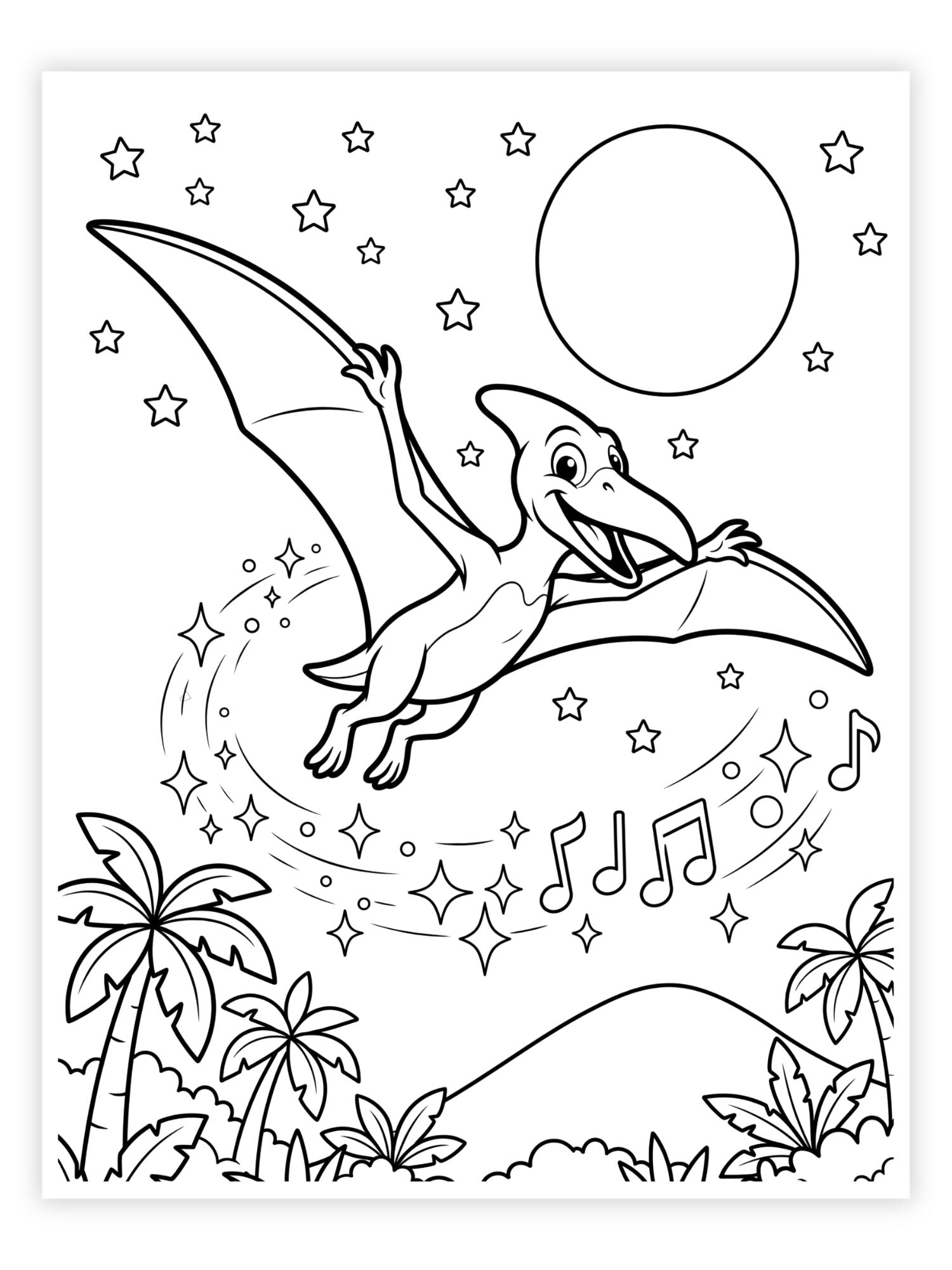 Black and white coloring page featuring a cartoon pterodactyl flying under a full moon, with stars, musical notes, and palm trees.