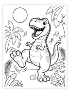 Black and white  dinosaur coloring page featuring a smiling T-rex standing among tropical plants with a sun and music notes.