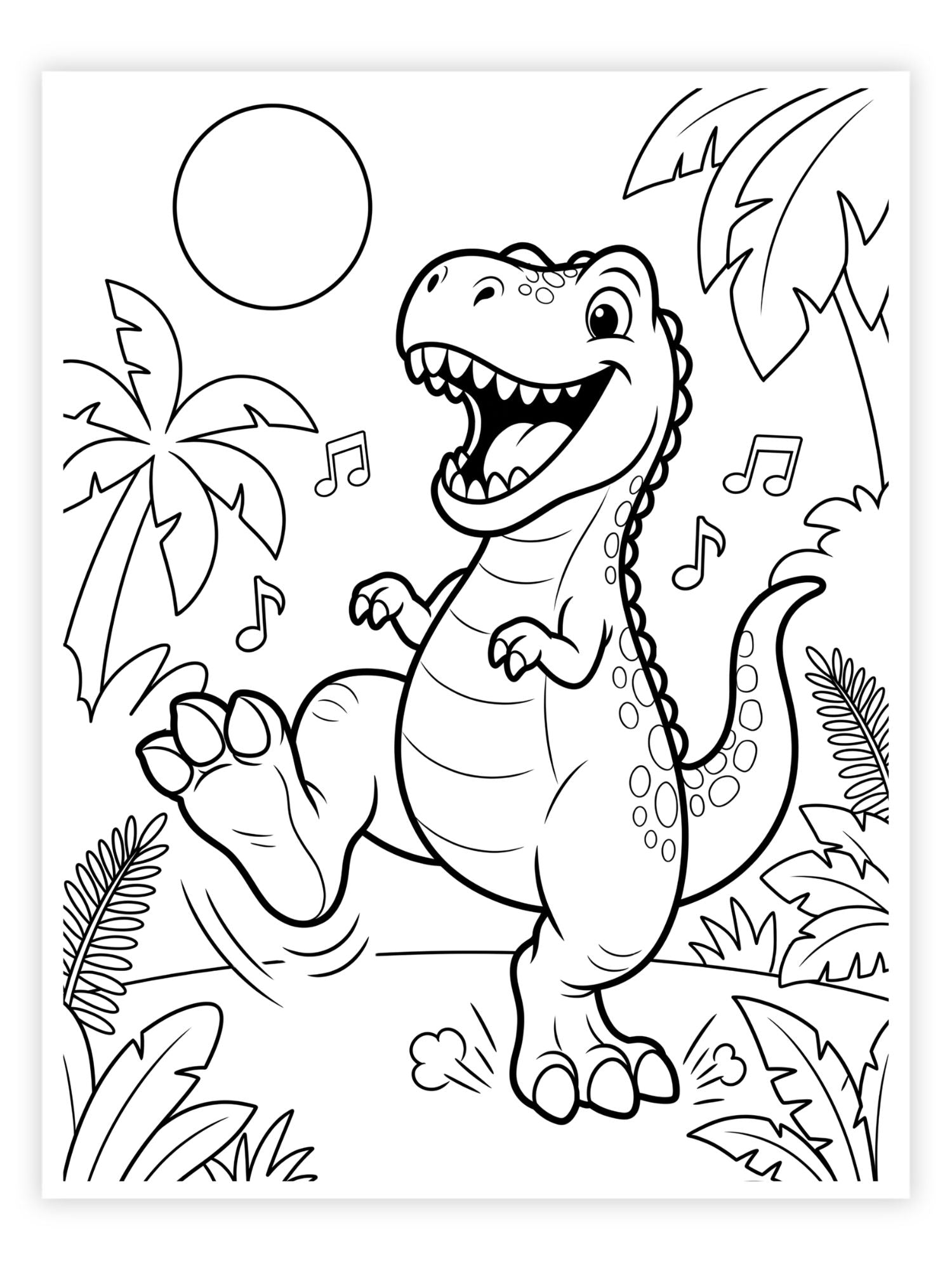 Black and white  dinosaur coloring page featuring a smiling T-rex standing among tropical plants with a sun and music notes.