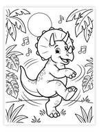 Black and white coloring page featuring a cute cartoon Triceratops dinosaur dancing in a jungle with palm leaves, musical notes, and a sun.