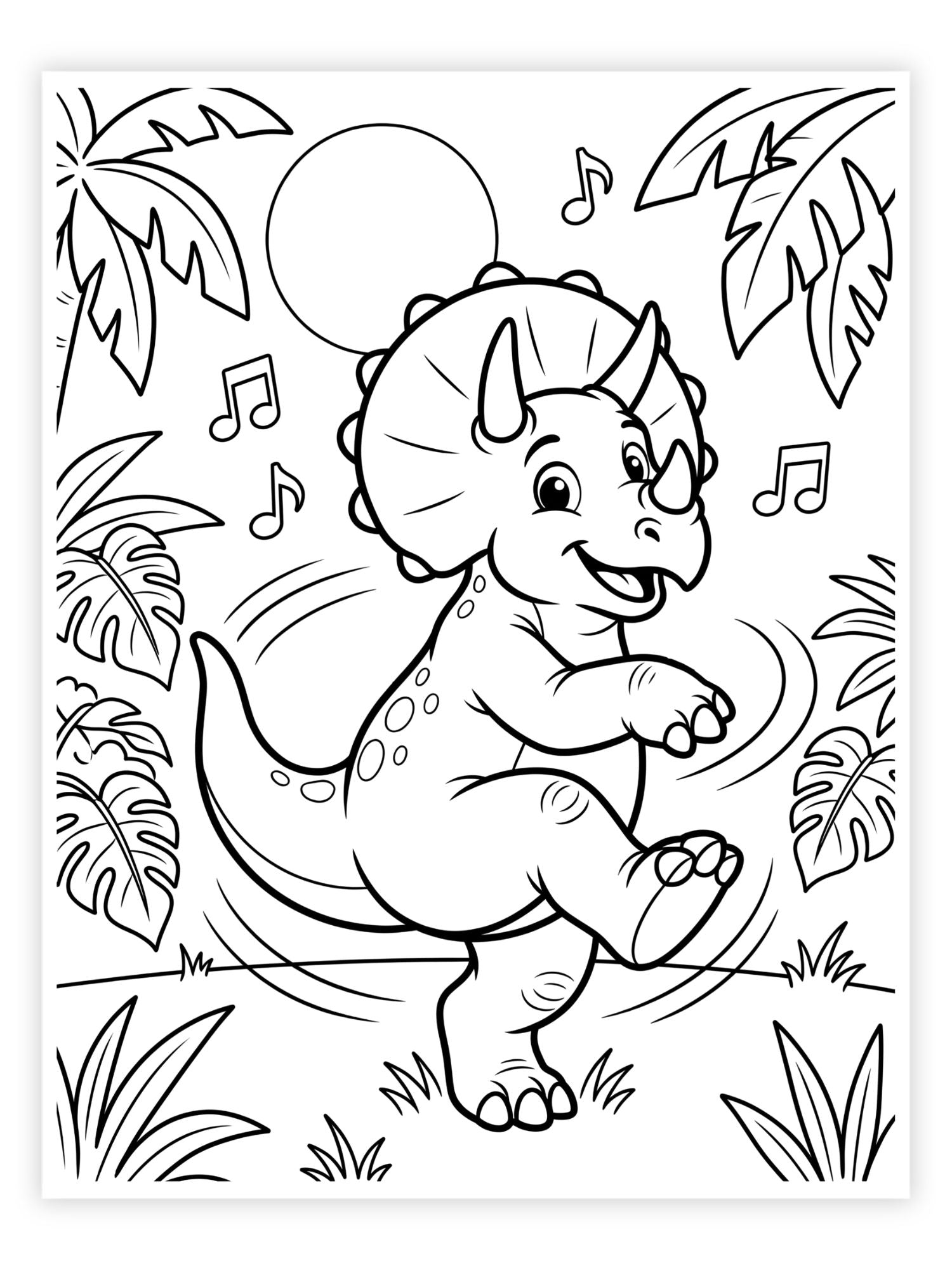 Black and white coloring page featuring a cute cartoon Triceratops dinosaur dancing in a jungle with palm leaves, musical notes, and a sun.