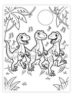 Black and white coloring page featuring three cartoon Velociraptor dinosaurs singing under palm trees with musical notes.
