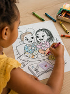 Child coloring a picture of two children on a coloring book with crayons.
