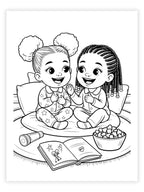 Black and white illustration of two African American girls sitting on a bed with a book and snacks.