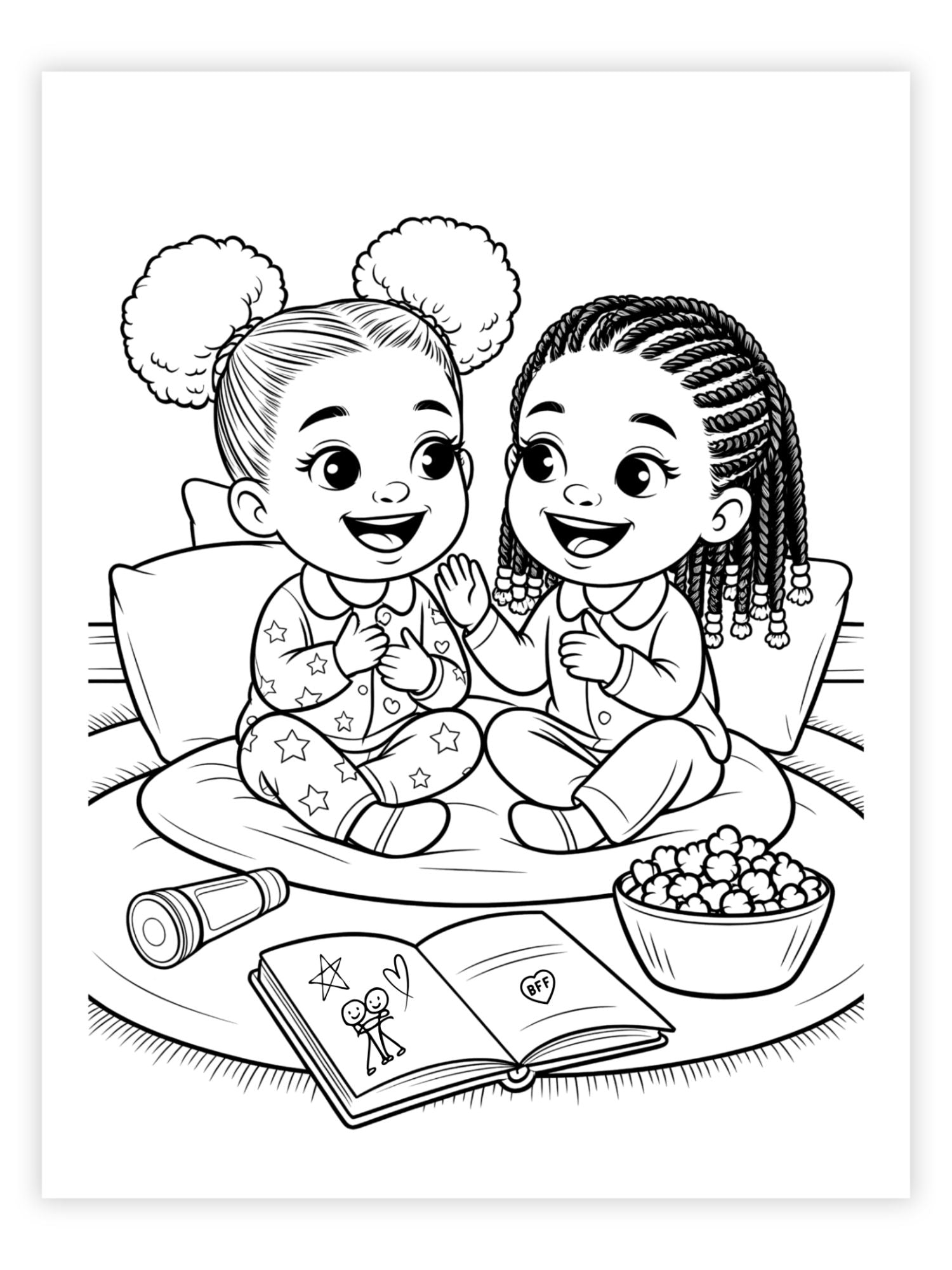 Black and white illustration of two African American girls sitting on a bed with a book and snacks.