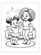 Black and white coloring page of a African American mom and daughter dancing with music notes above them, on a white background.