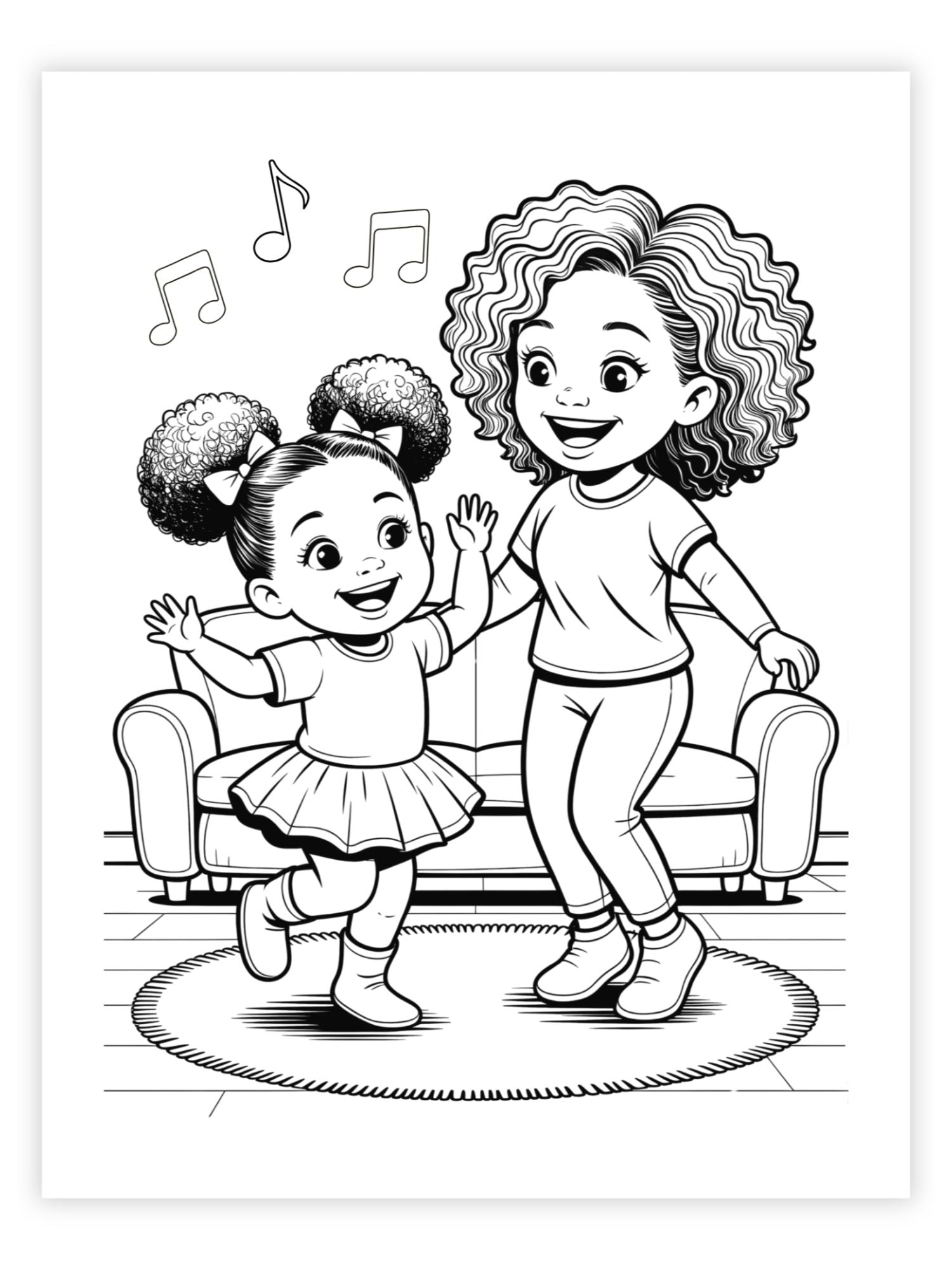 Black and white coloring page of a African American mom and daughter dancing with music notes above them, on a white background.