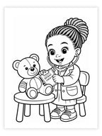 Coloring page of a child playing doctor with a teddy bear and stethoscope.