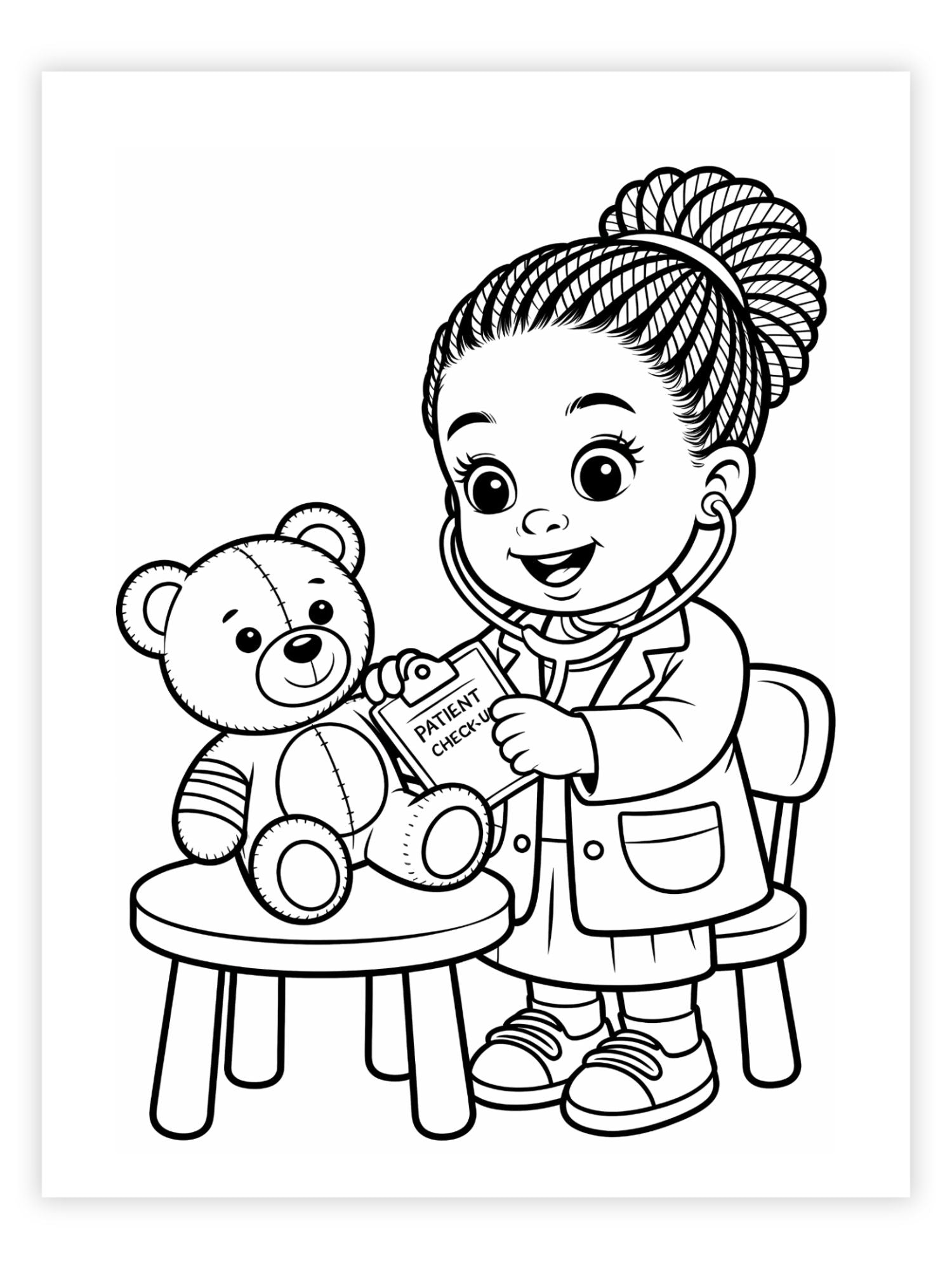 Coloring page of a child playing doctor with a teddy bear and stethoscope.