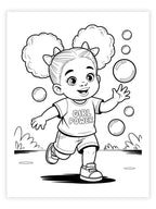 Coloring page of a girl with pigtails and 'Girl Power' shirt surrounded by bubbles.