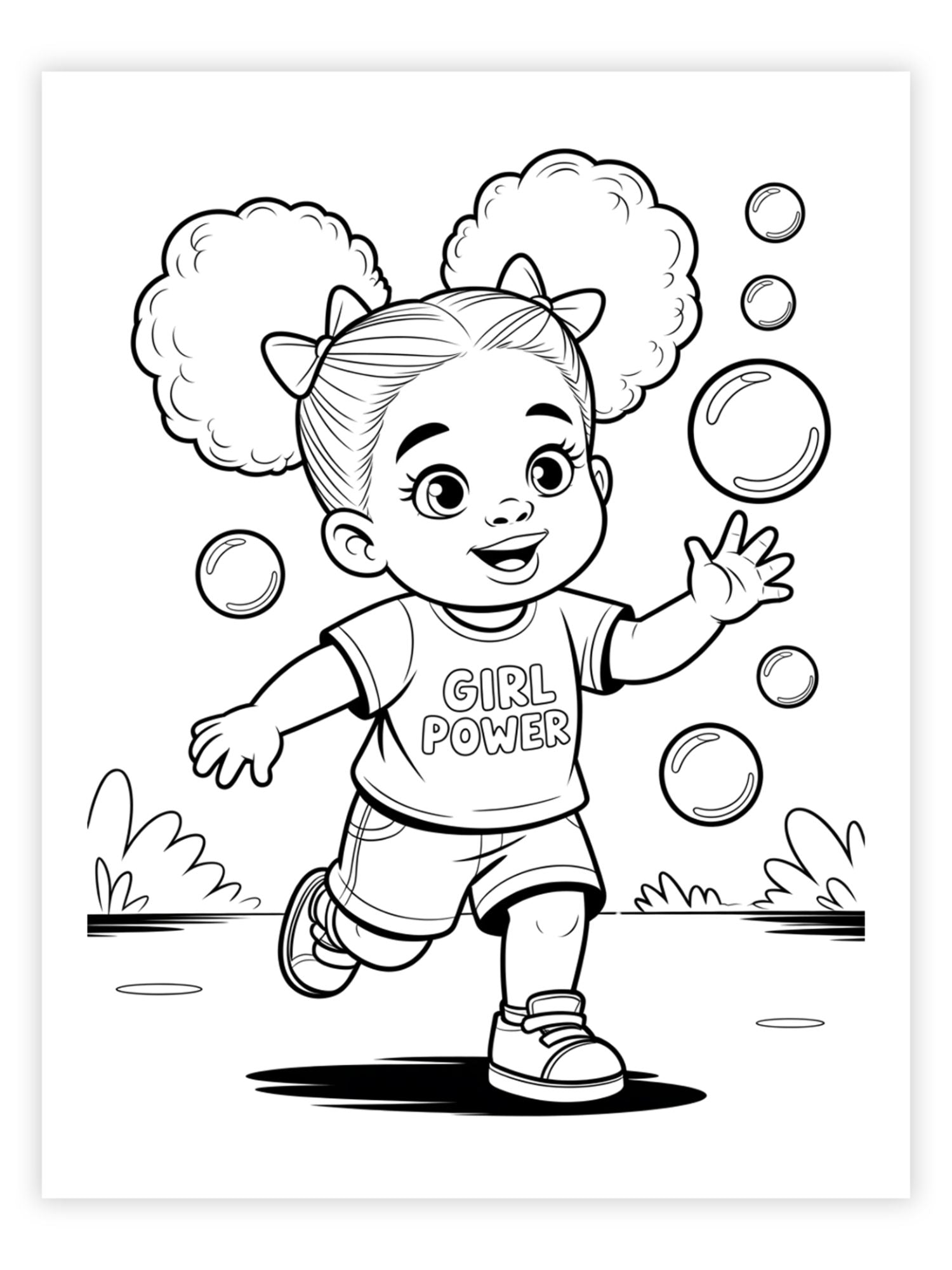 Coloring page of a girl with pigtails and 'Girl Power' shirt surrounded by bubbles.