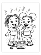 Black and white illustration of two children with microphones and music notes, wearing 'Best Friends' shirts.