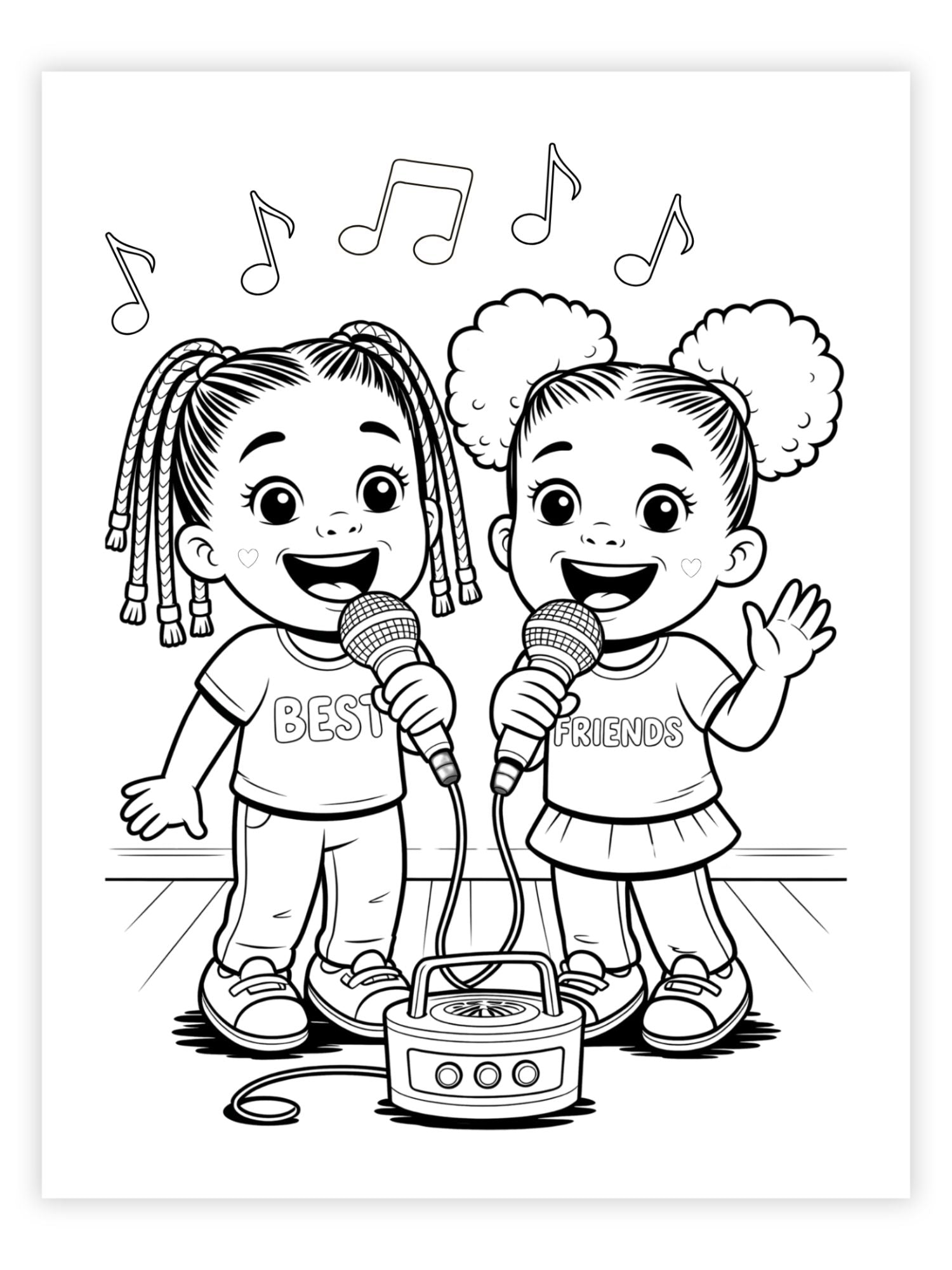 Black and white illustration of two children with microphones and music notes, wearing 'Best Friends' shirts.