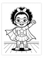 Coloring page of a African American girl dressed in a superhero girl with cape and mask on a white background