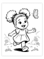Coloring page of a child running with a butterfly and flowers.
