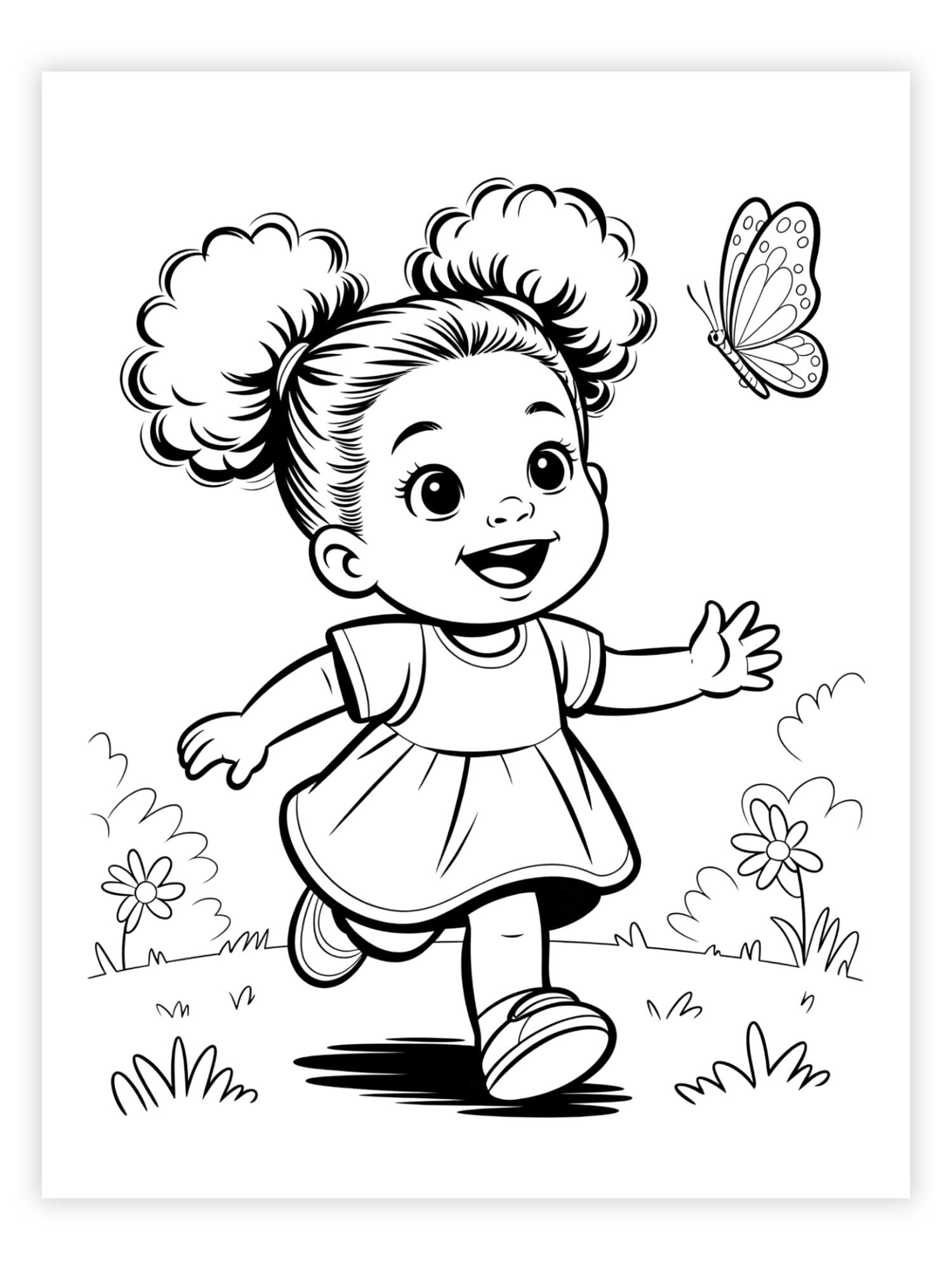 Coloring page of a child running with a butterfly and flowers.
