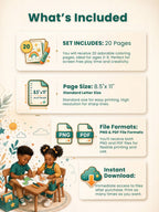 Product description card for coloring pages with children at a table, featuring text about set contents and formats.