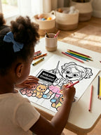 Child coloring a sheet with cartoon characters and text on a table with coloring supplies.