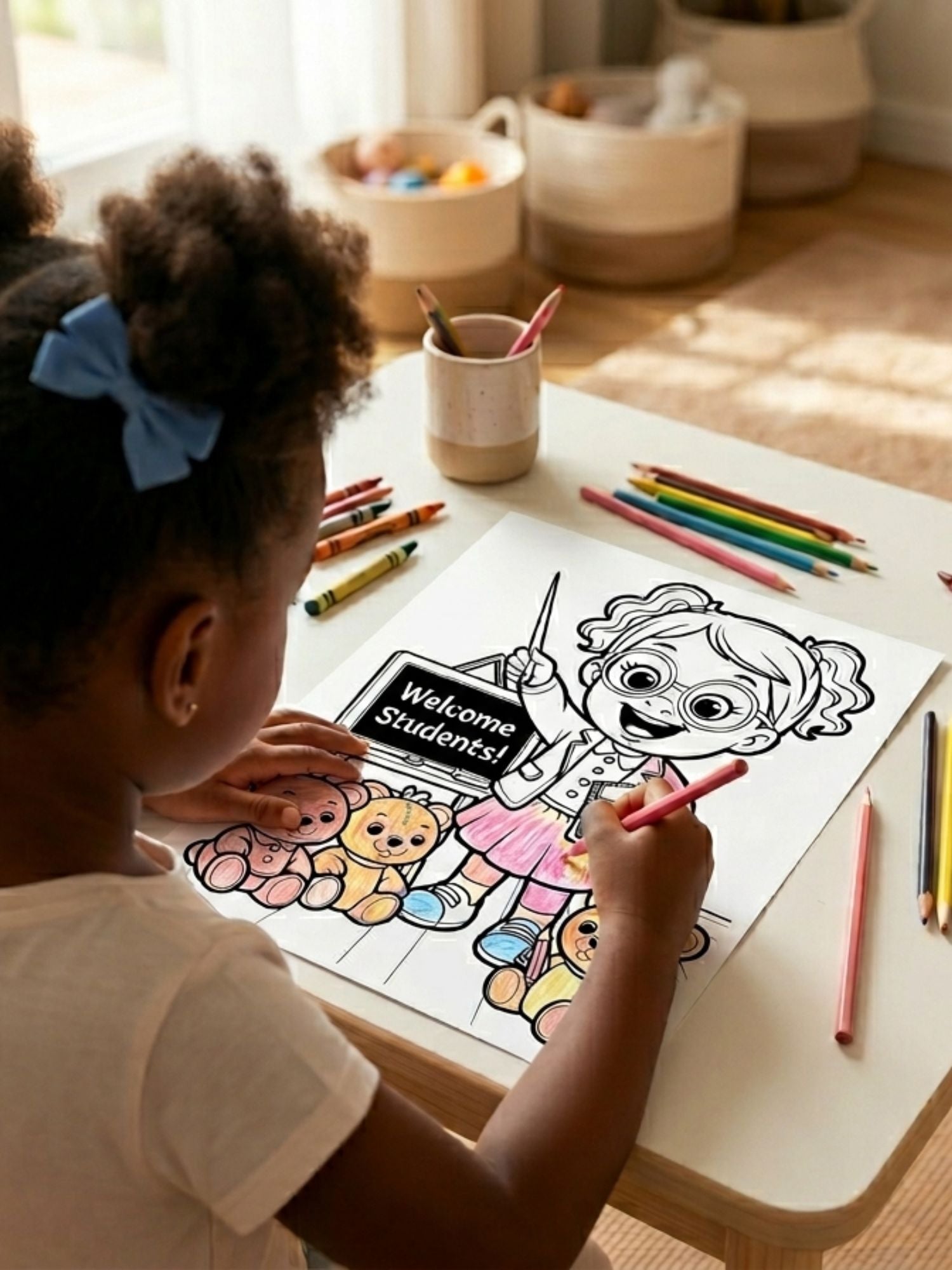 Child coloring a sheet with cartoon characters and text on a table with coloring supplies.