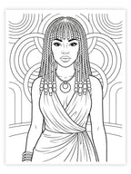 Black and white line drawing of a woman with braided hair and a draped garment.