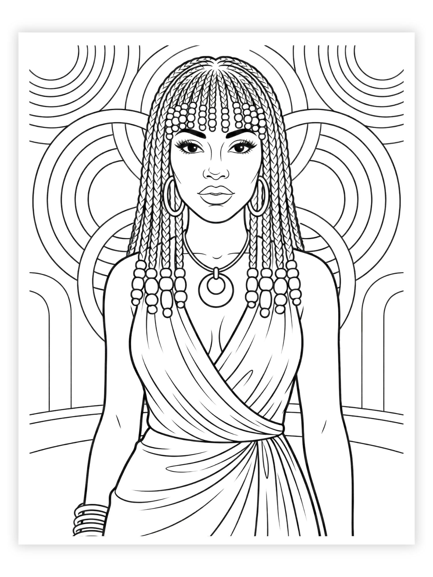 Black and white line drawing of a woman with braided hair and a draped garment.