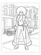 Coloring page of a person in a fur coat standing on a street with a vintage car.