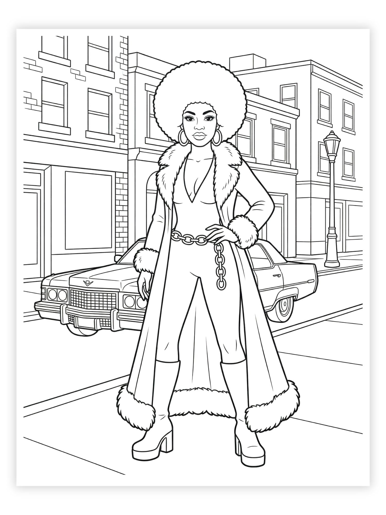 Coloring page of a person in a fur coat standing on a street with a vintage car.