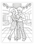 Coloring page of a couple dancing in a disco setting