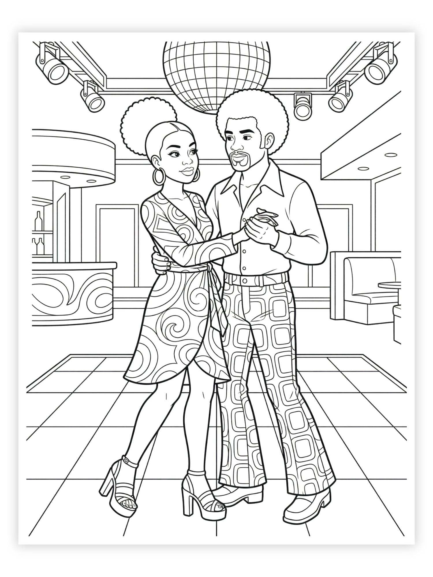 Coloring page of a couple dancing in a disco setting