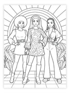 Coloring page of three black women in front of a sunburst design in 1970's fashion