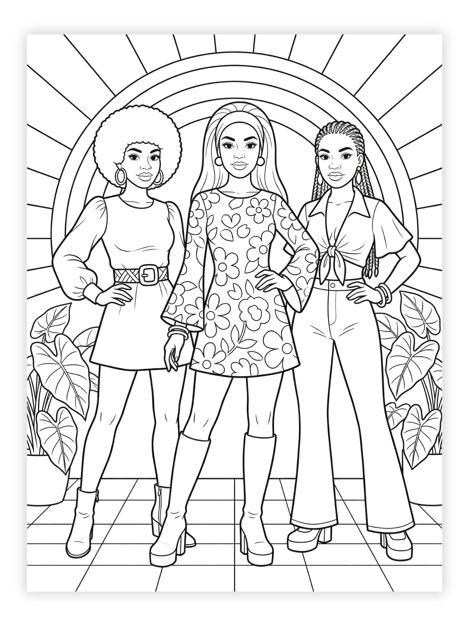 Coloring page of three black women in front of a sunburst design in 1970's fashion