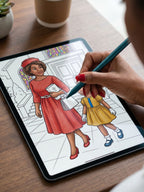 Person coloring a digital illustration of two women on a tablet with a stylus.
