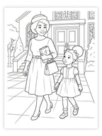Black and white line drawing of a woman and a girl standing on a sidewalk with a church in the background.