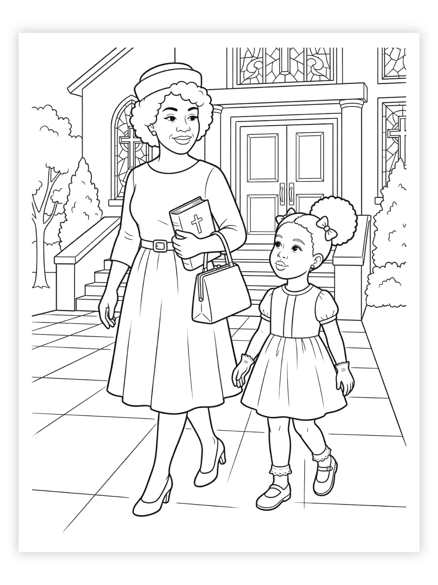 Black and white line drawing of a woman and a girl standing on a sidewalk with a church in the background.