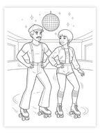 Black and white line drawing of two people roller skating in a disco setting.