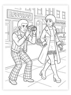 Coloring page of a man taking a photo of a woman in a city street with shops and signs.