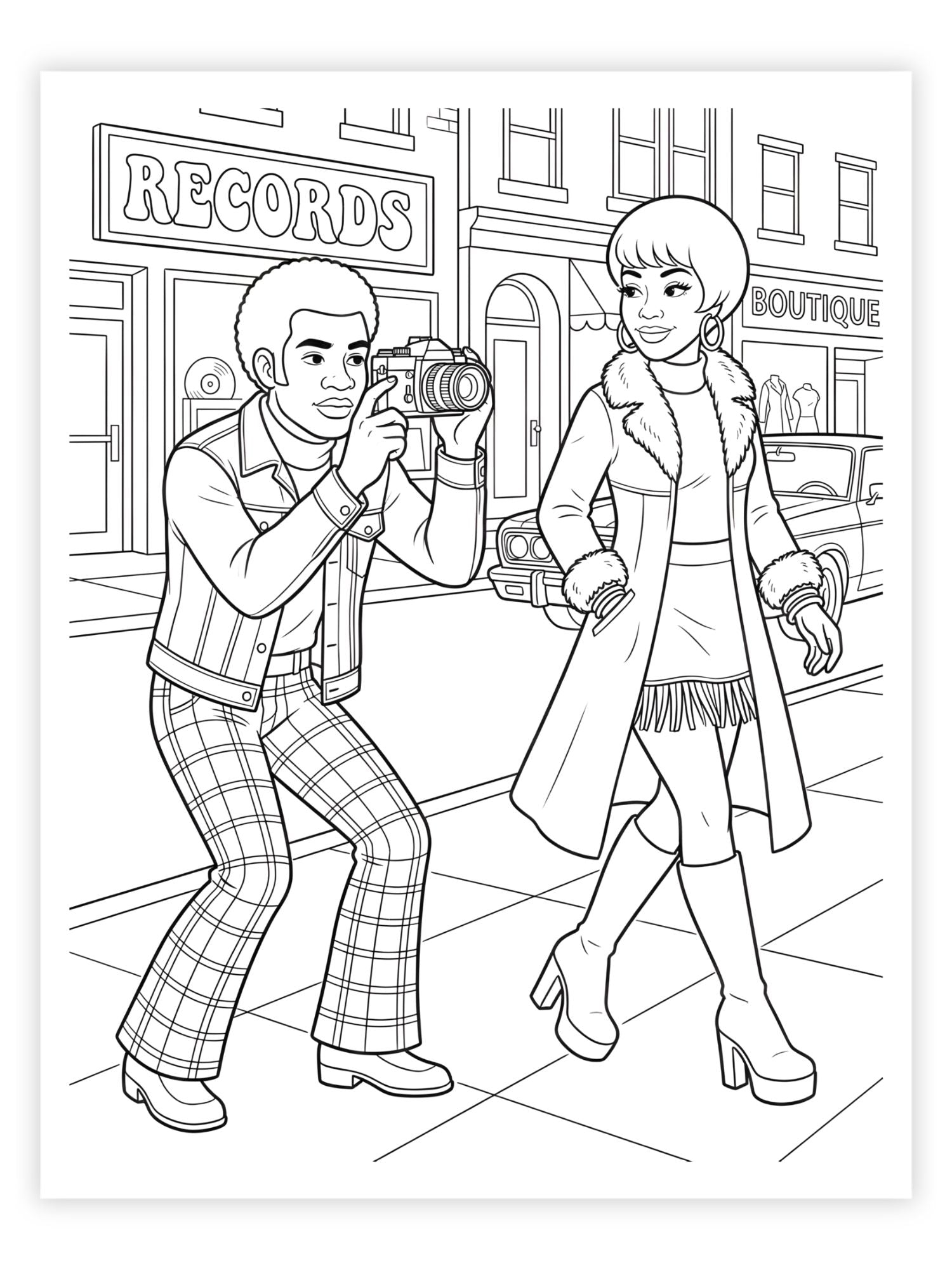 Coloring page of a man taking a photo of a woman in a city street with shops and signs.