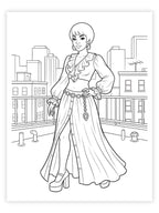 Black and white line drawing of a black woman in 1970's fashion in a cityscape