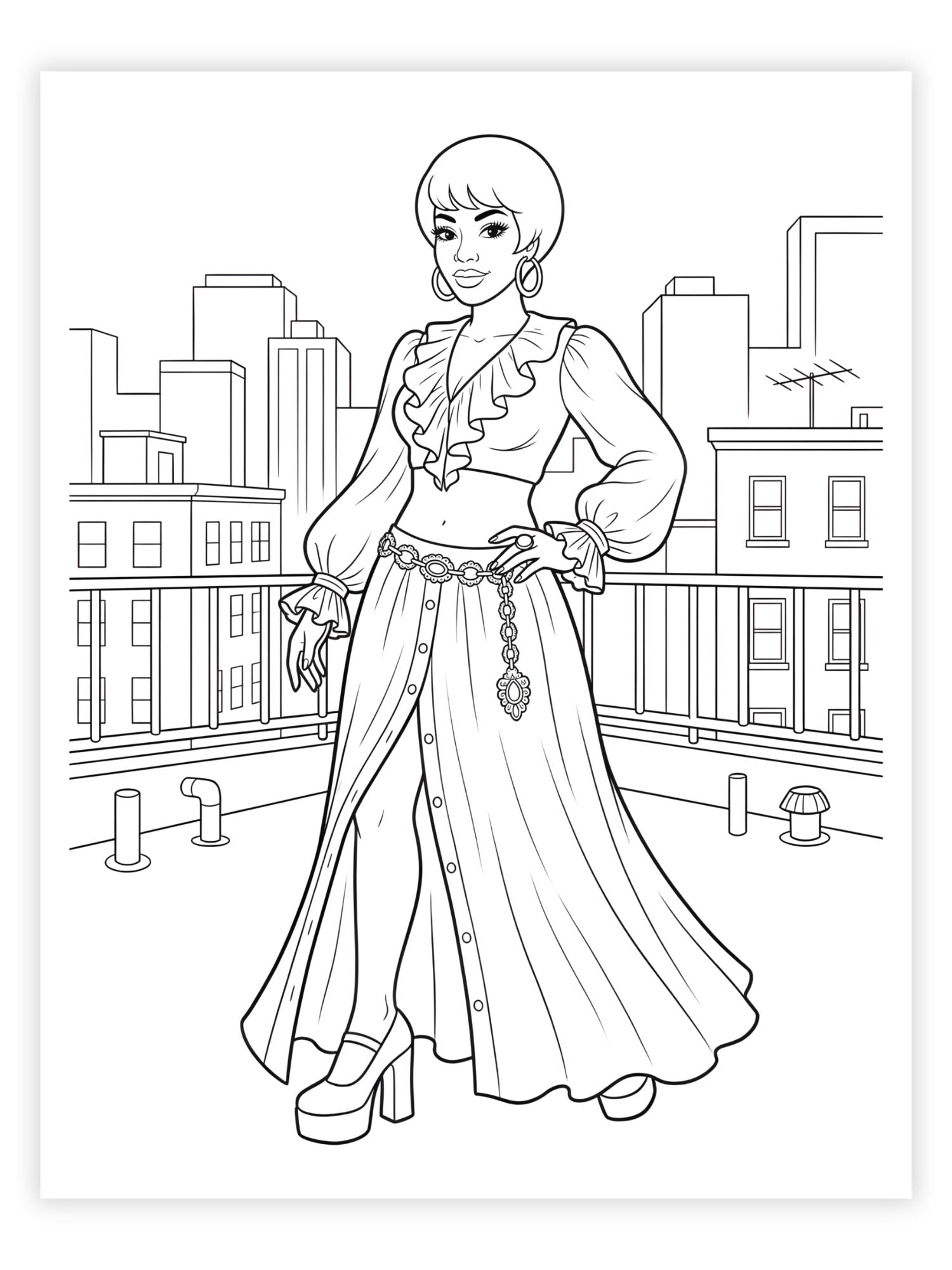 Black and white line drawing of a black woman in 1970's fashion in a cityscape
