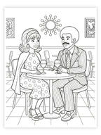 Black and white illustration coloring page of a Black couple at a restaurant table in the 1970's.
