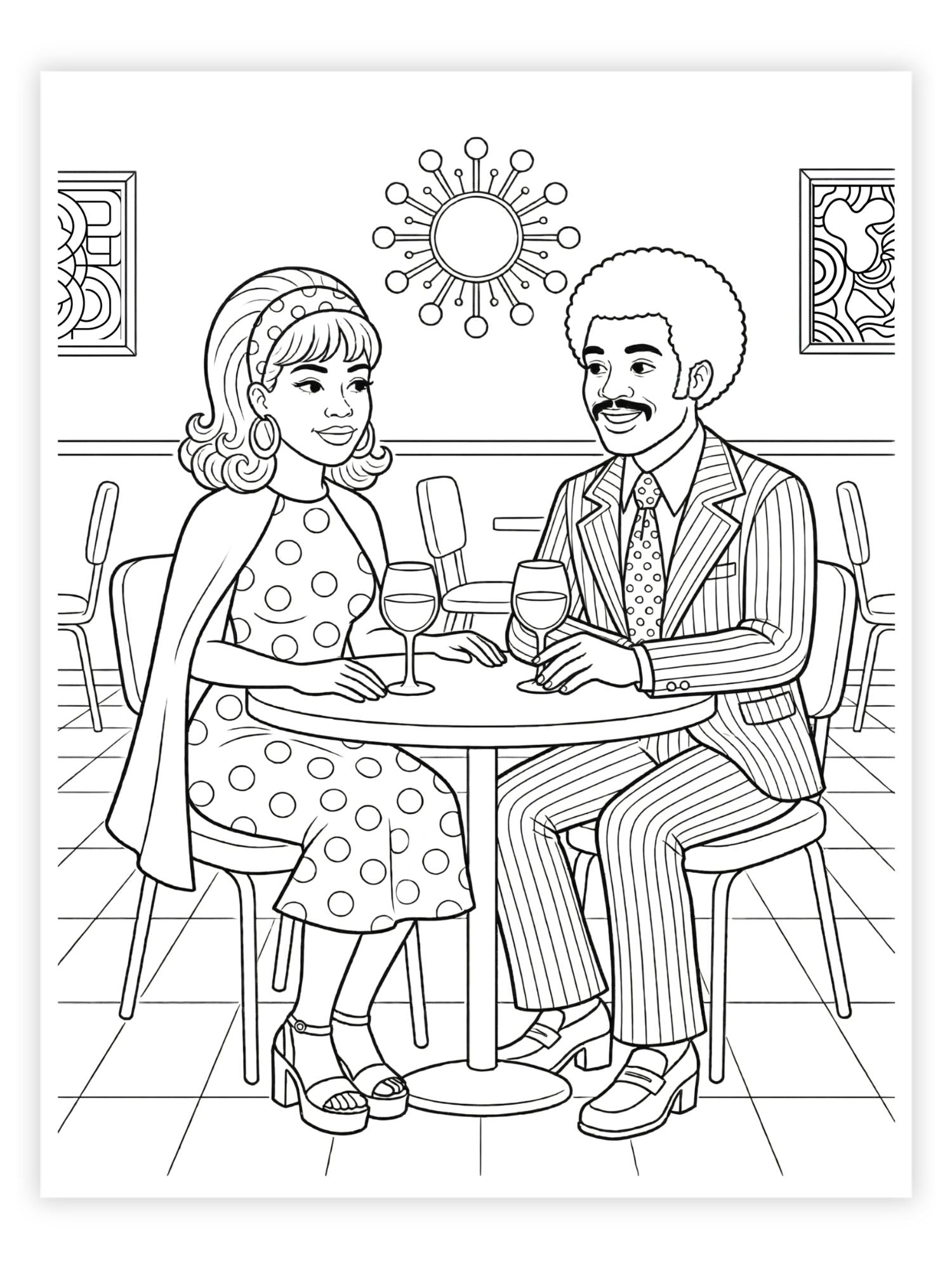 Black and white illustration coloring page of a Black couple at a restaurant table in the 1970's.