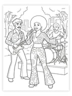 Coloring page of a band performing outdoors with a woman  with afro singing into a microphone.