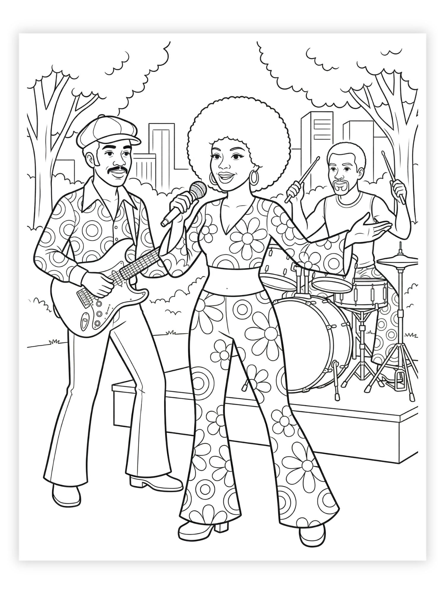 Coloring page of a band performing outdoors with a woman  with afro singing into a microphone.