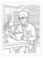 Illustration of a young Black man reading a book in a library setting